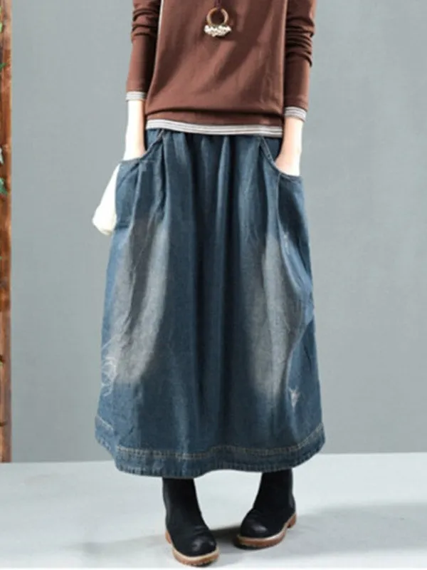 A-Line Loose Elasticity Pockets Skirts Bottoms