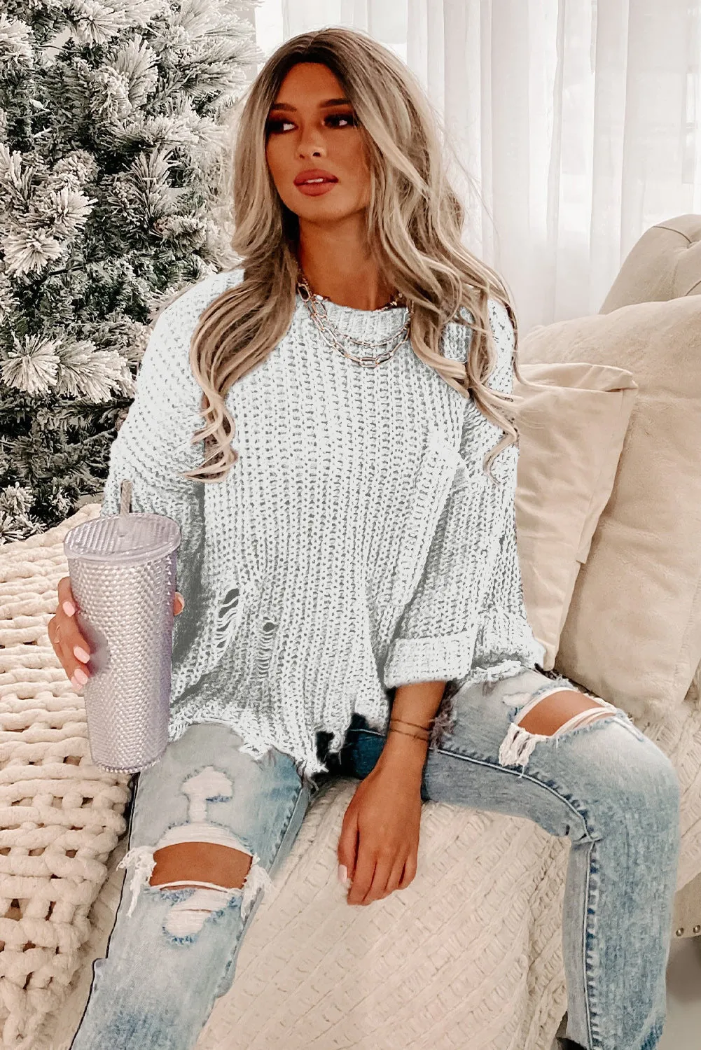 Alina Ripped Raw Hem Chunky Pullover Sweater