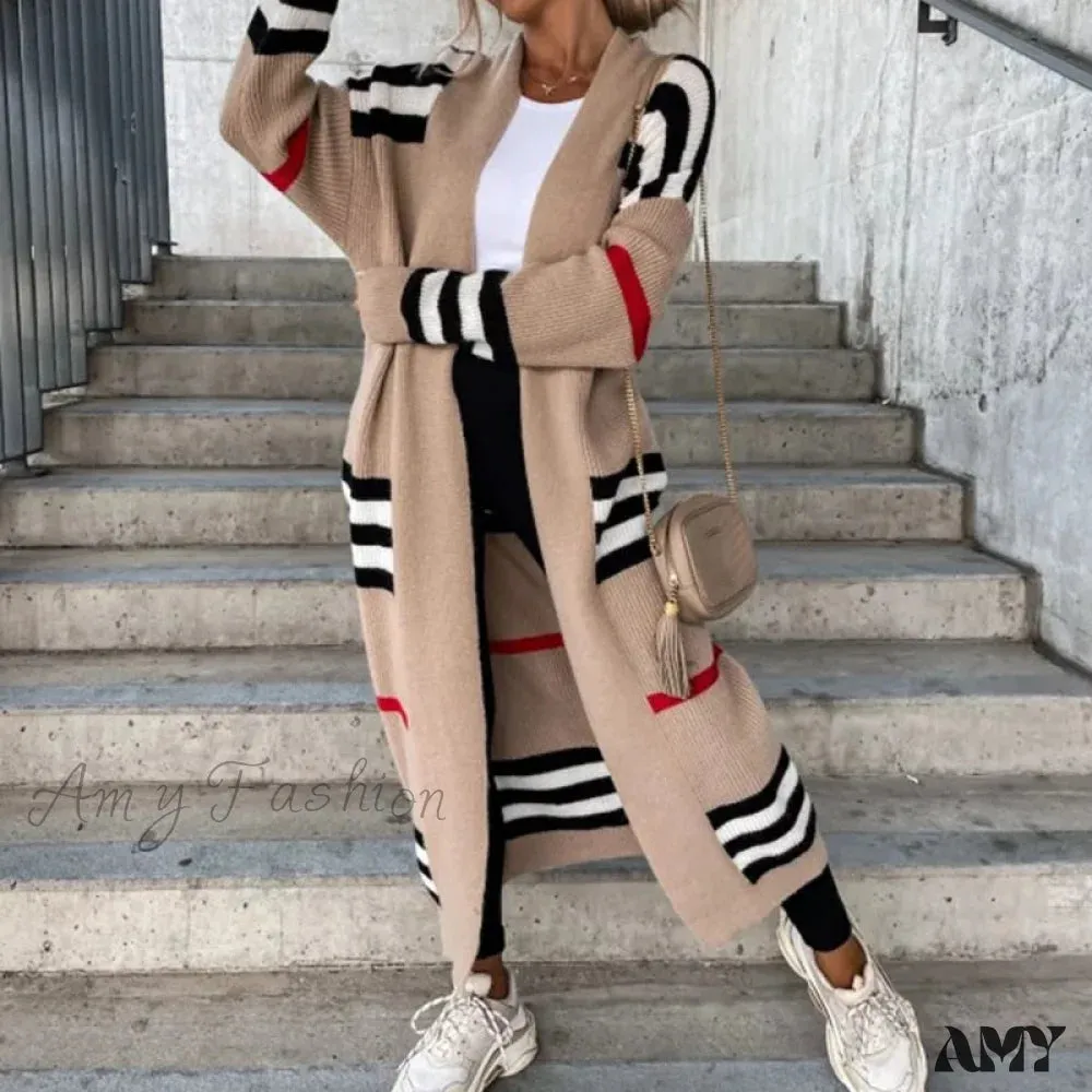 Amy Fashion - Casual Striped Color Matching Knitted Long Sweaters Cardigan