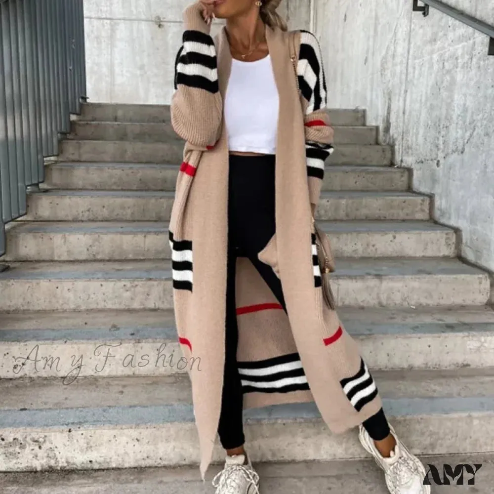 Amy Fashion - Casual Striped Color Matching Knitted Long Sweaters Cardigan