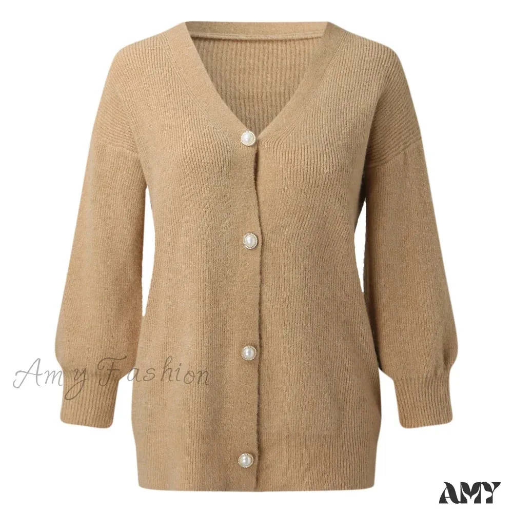 Amy Fashion - Solid Casual Cardigan Womens Cotton Sweaters