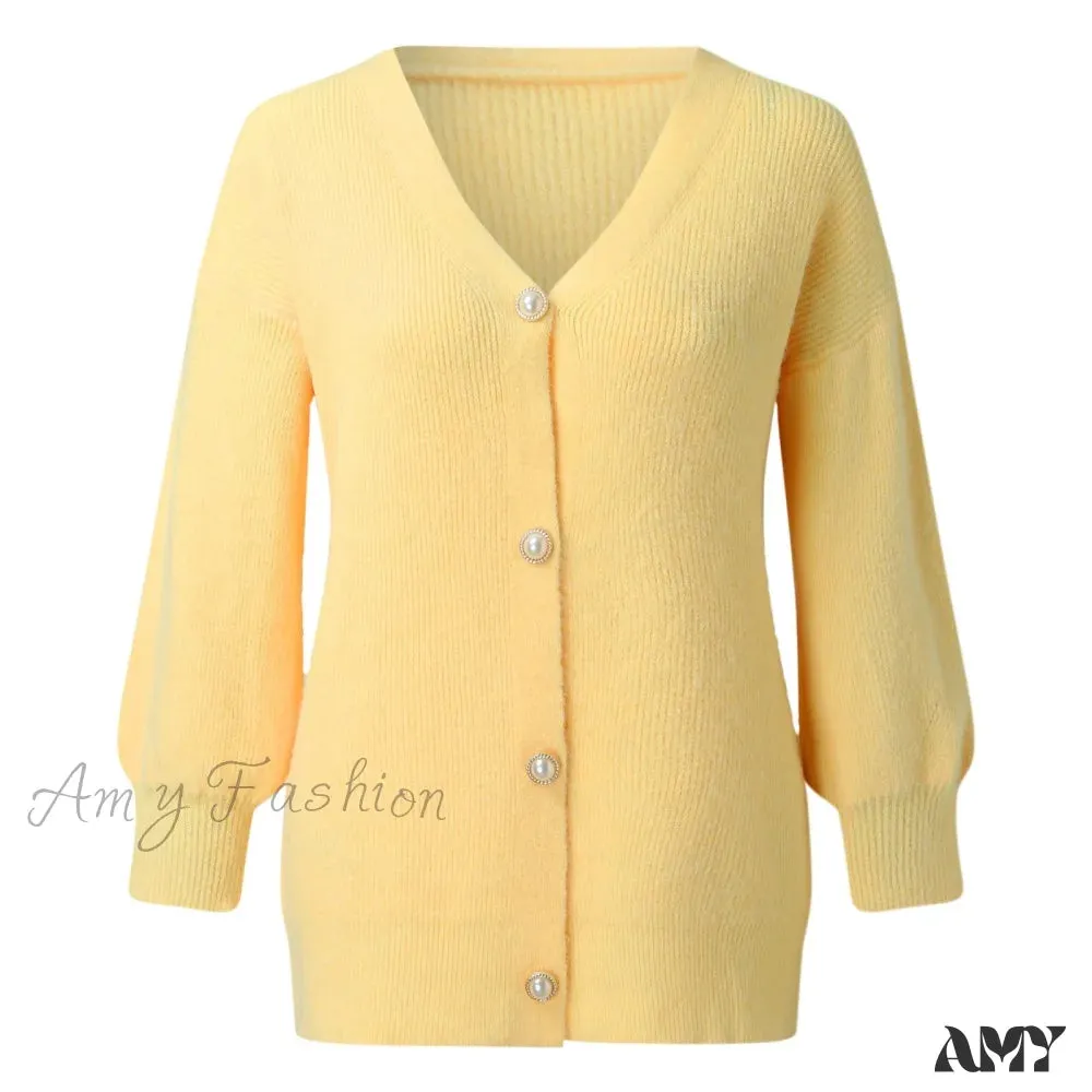 Amy Fashion - Solid Casual Cardigan Womens Cotton Sweaters