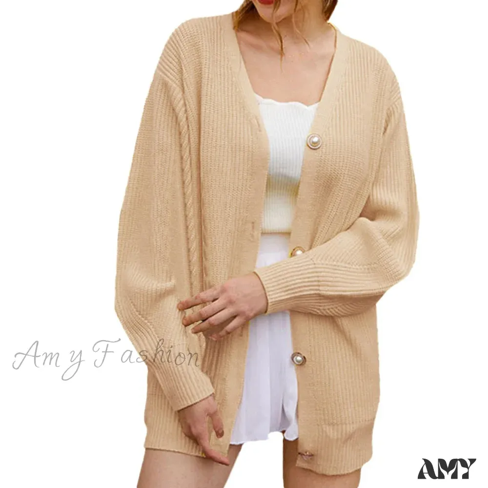 Amy Fashion - Solid Casual Cardigan Womens Cotton Sweaters