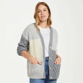 Aran Knit Patchwork Cardigan- Blue, Grey, White