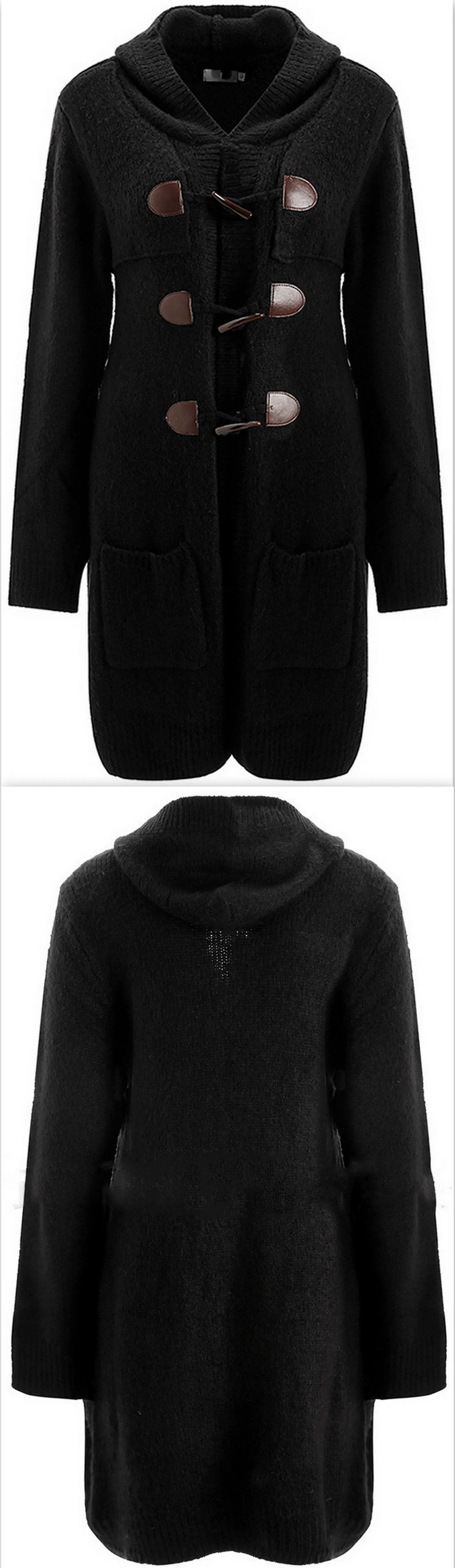 Black Knit Hooded Toggle-Button Long Sweater