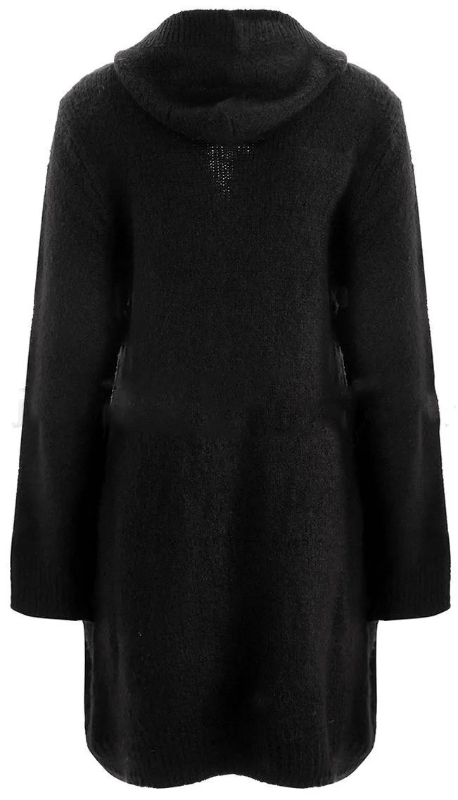 Black Knit Hooded Toggle-Button Long Sweater