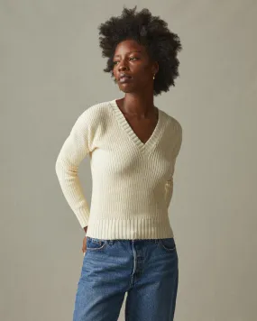 Chunky Cotton V-Neck Sweater - Creme