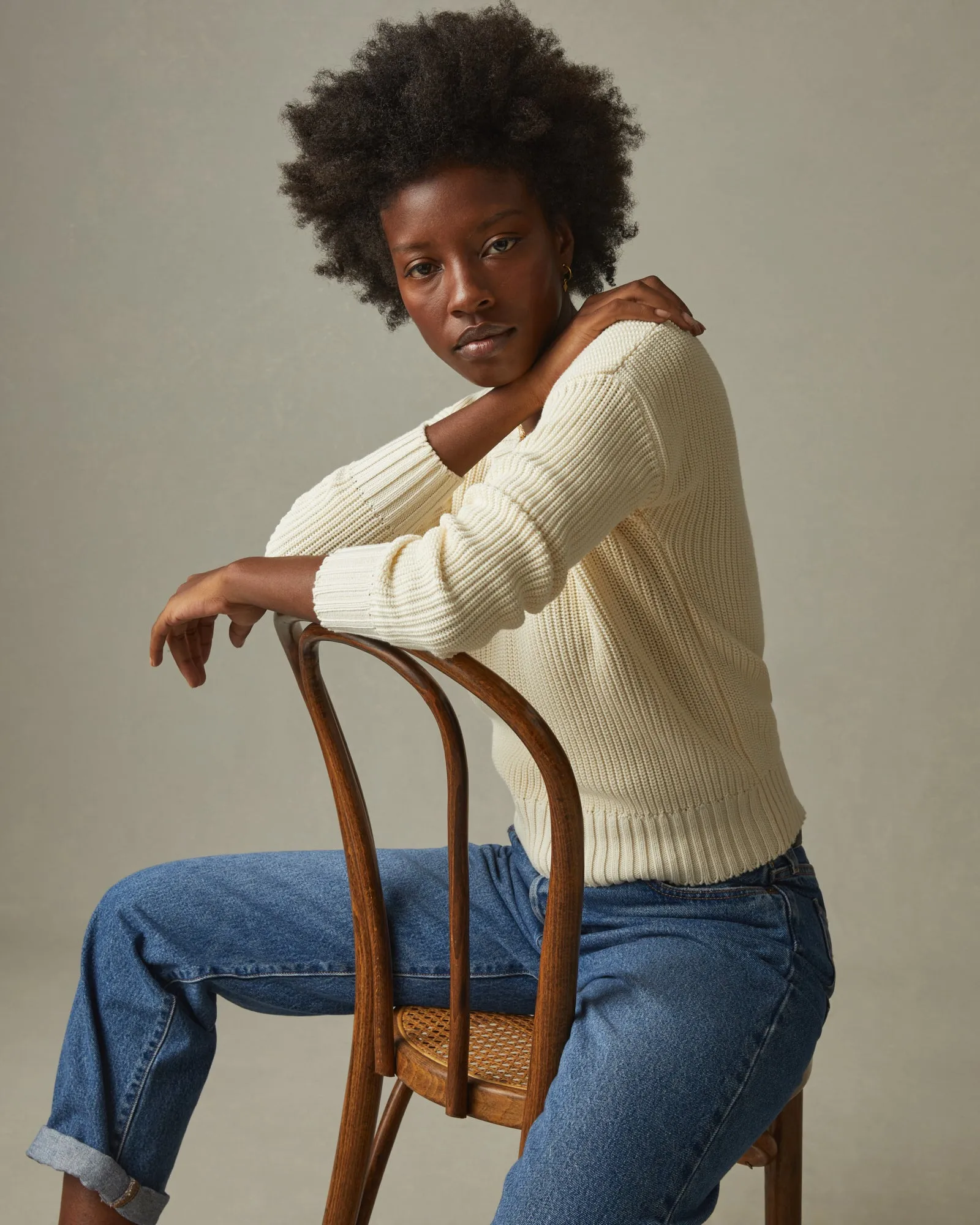 Chunky Cotton V-Neck Sweater - Creme