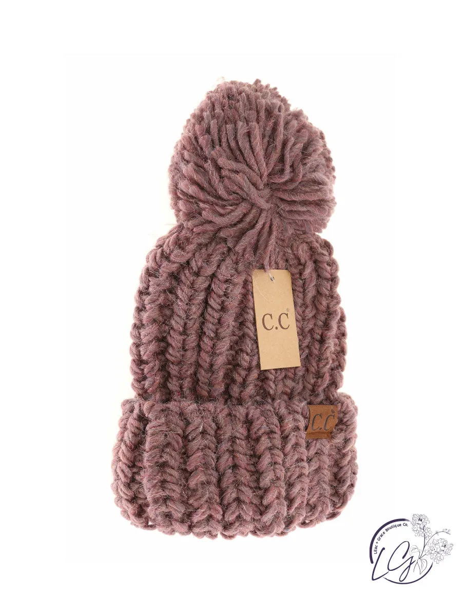 Chunky Knit Yarn Pom CC Beanie