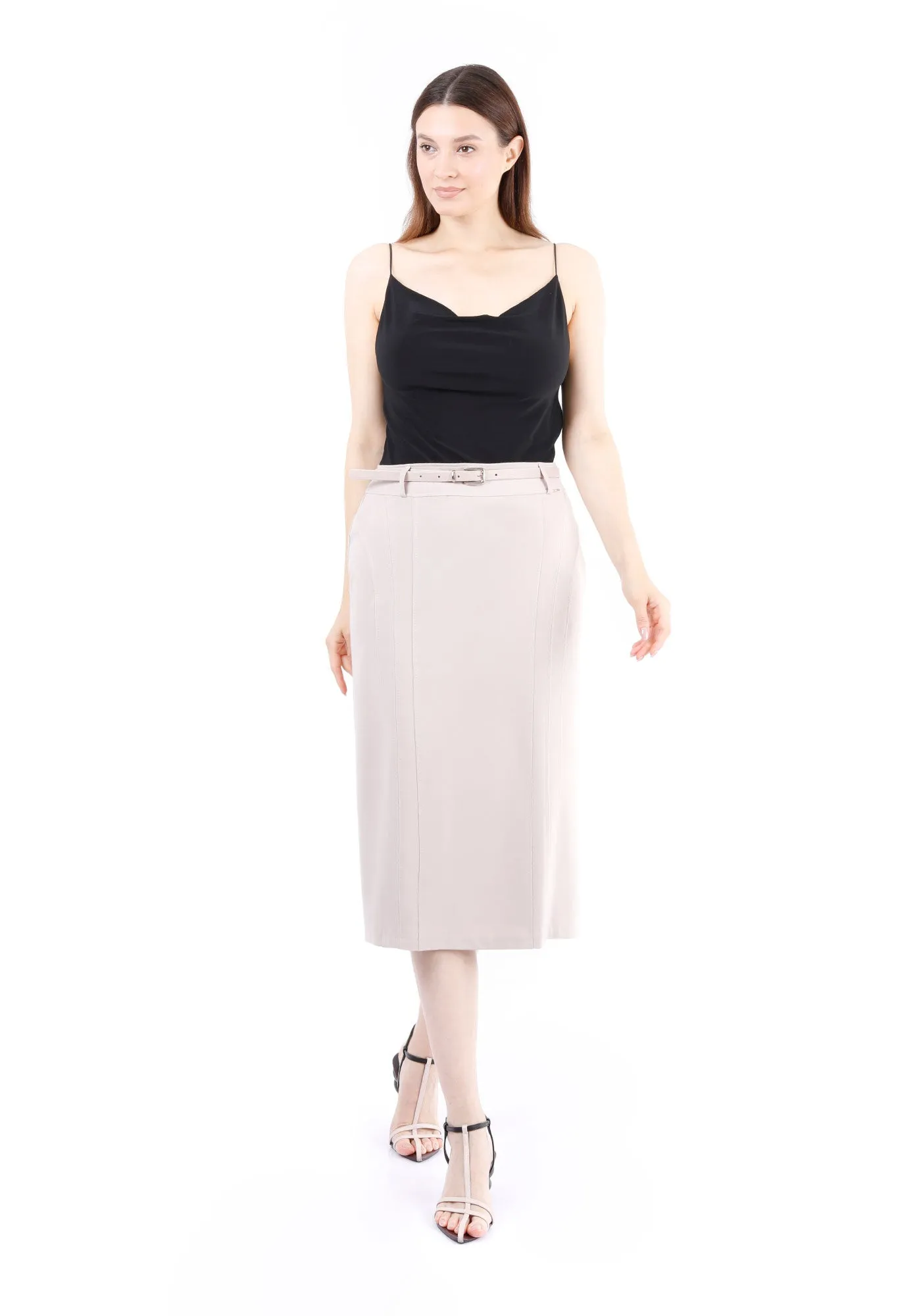 Classic High Waisted Midi Pencil Skirt with Belt