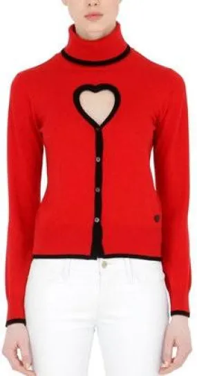 Heart Cut-Out Wool Blend Knit Cardigan Sweater in Red