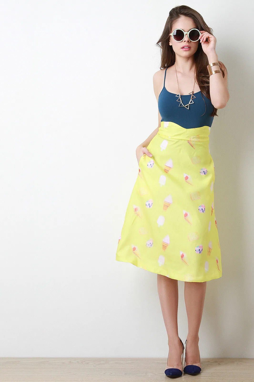 Ice Cream Treat Print A-Line Midi Skirt