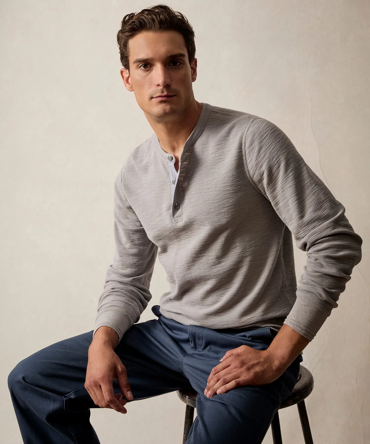 Lightweight Mini Waffle Henley in Graystone