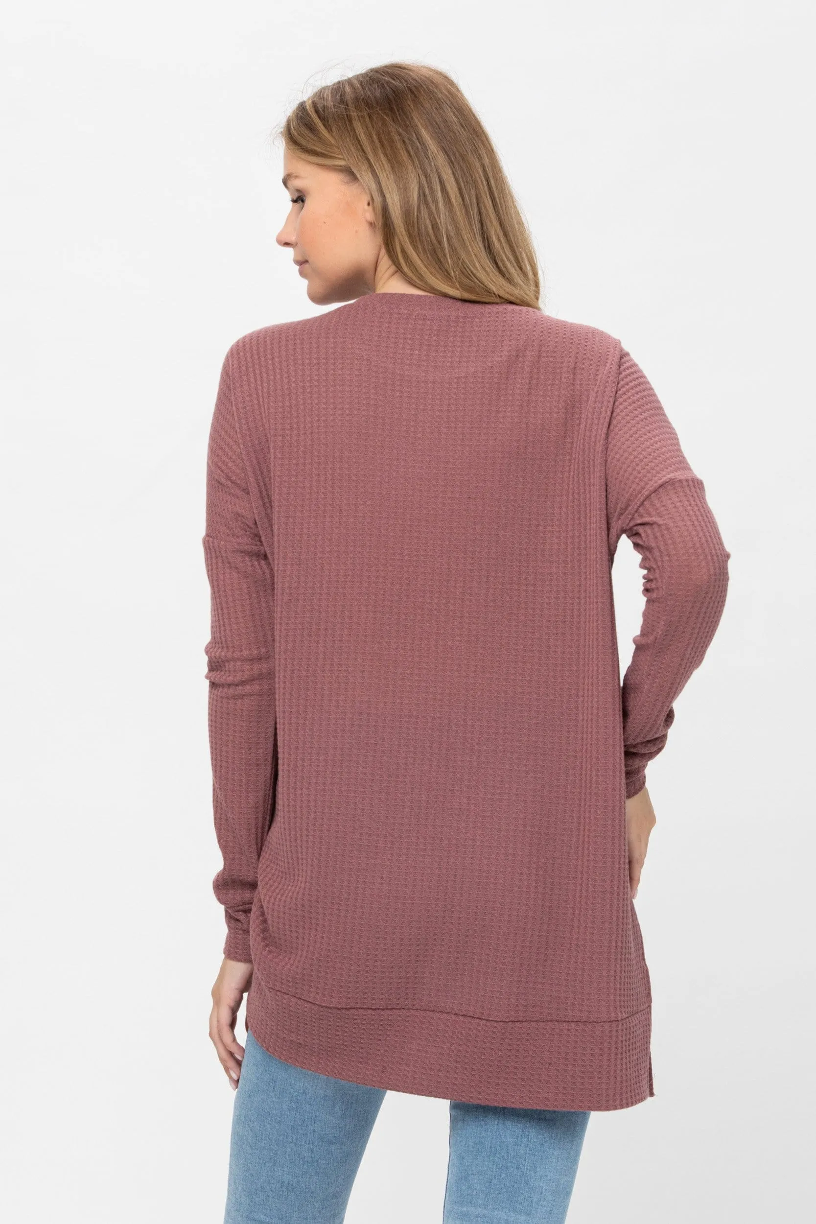 Long Sleeve Waffle Knit Sweater Round Neck Solid Color Pullover Dress Tops