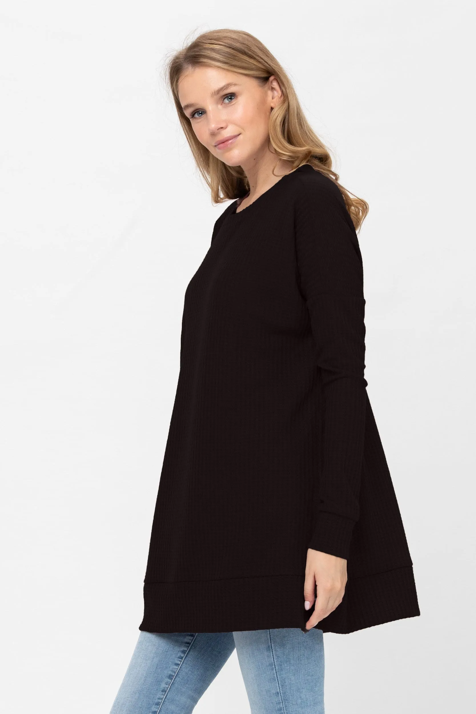 Long Sleeve Waffle Knit Sweater Round Neck Solid Color Pullover Dress Tops