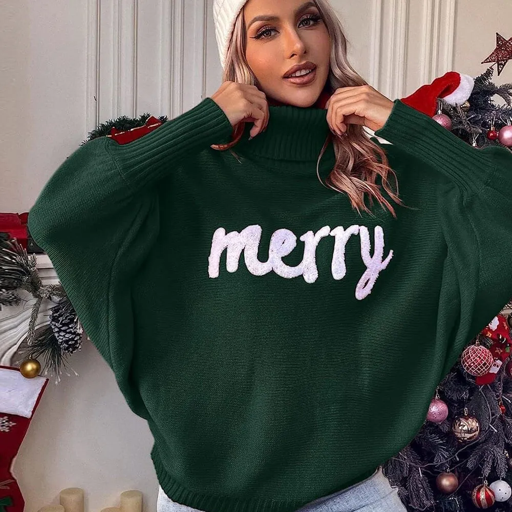 MERRY Slogan Long Sleeve Chunky Rib Knit Turtleneck Christmas Sweater