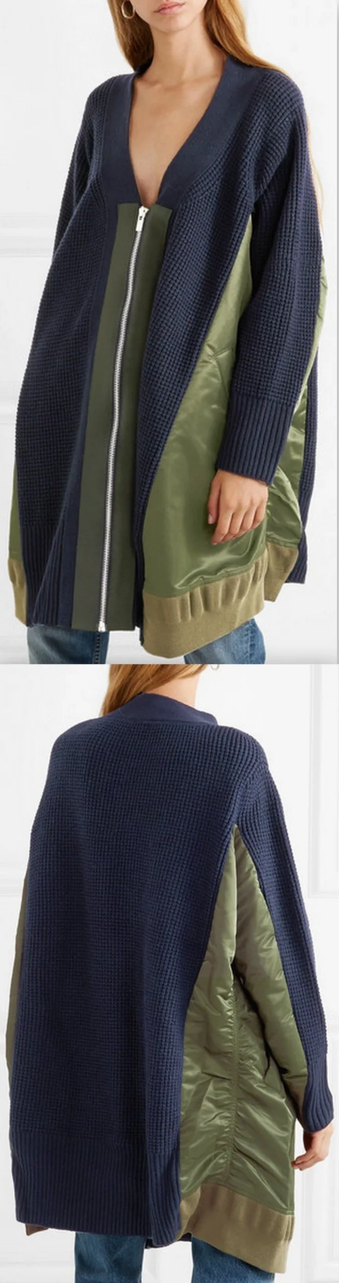 Oversized Paneled Waffle-Knit Cardigan