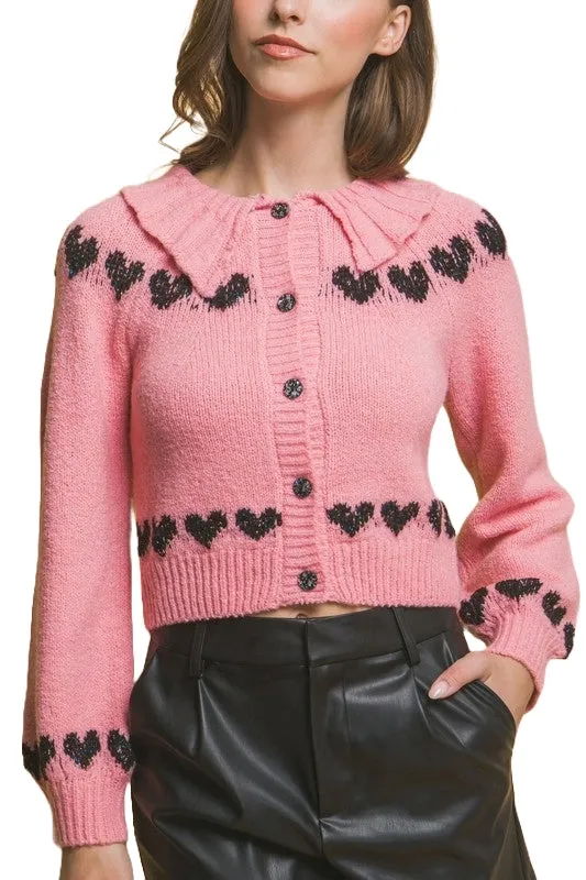 Pink with Black Hearts Collared Cardigan