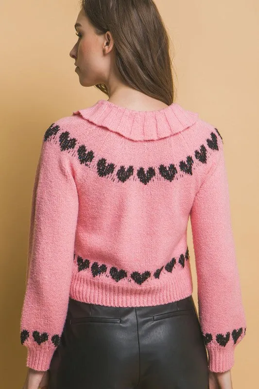 Pink with Black Hearts Collared Cardigan