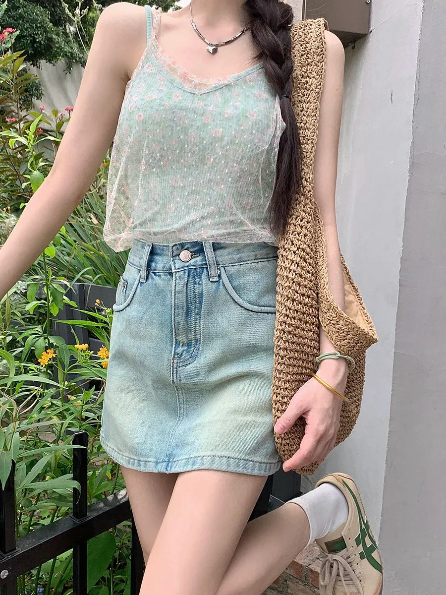 Retro Casual A-line Jean Mini Skirt