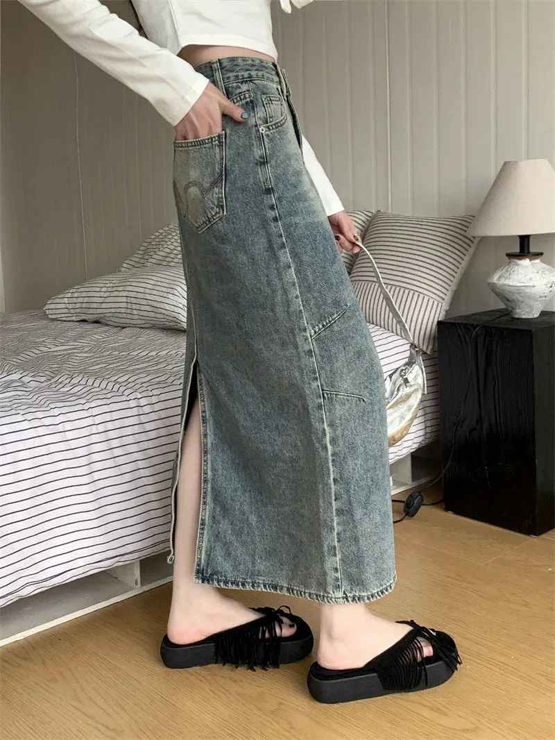 Retro Split High Waist A-line Denim Skirt