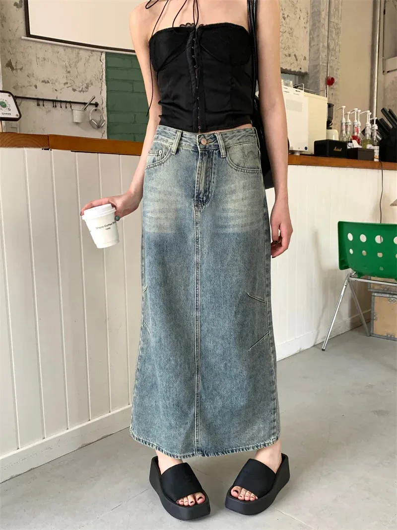 Retro Split High Waist A-line Denim Skirt