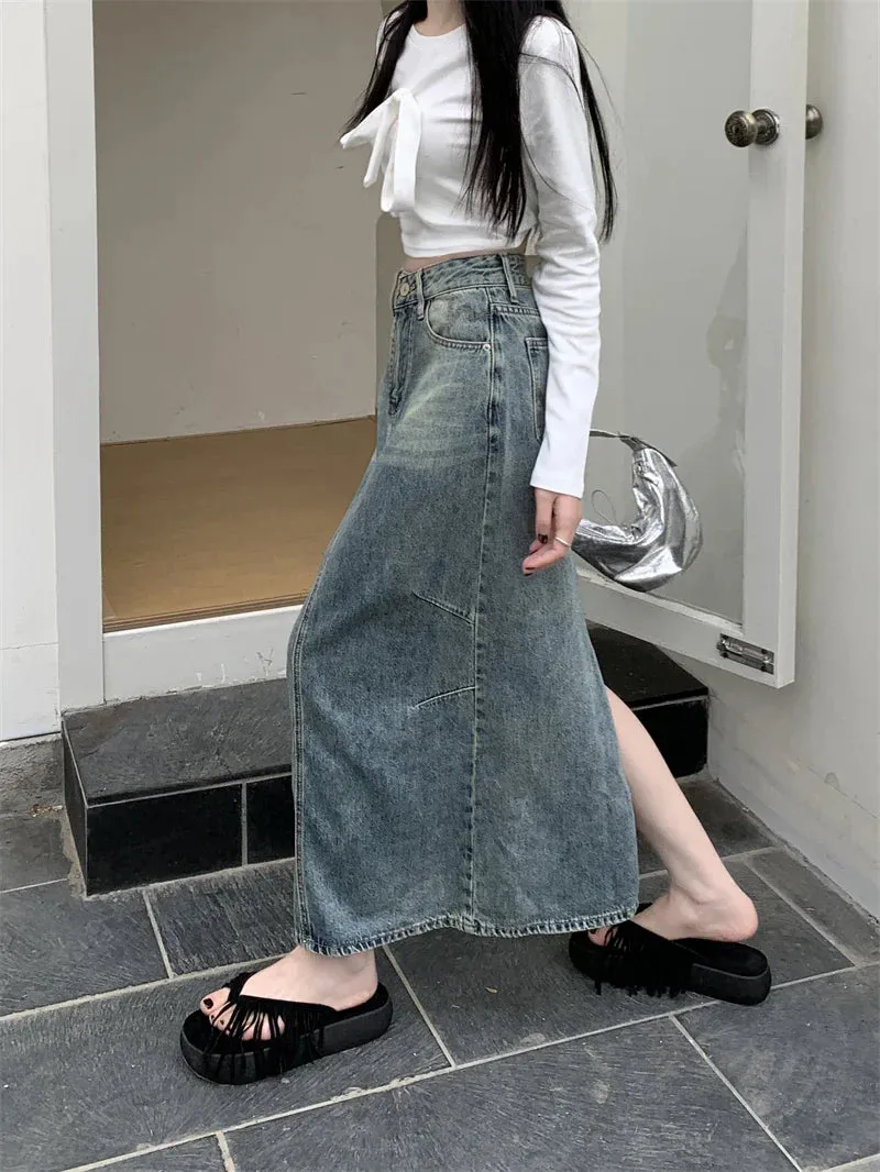 Retro Split High Waist A-line Denim Skirt