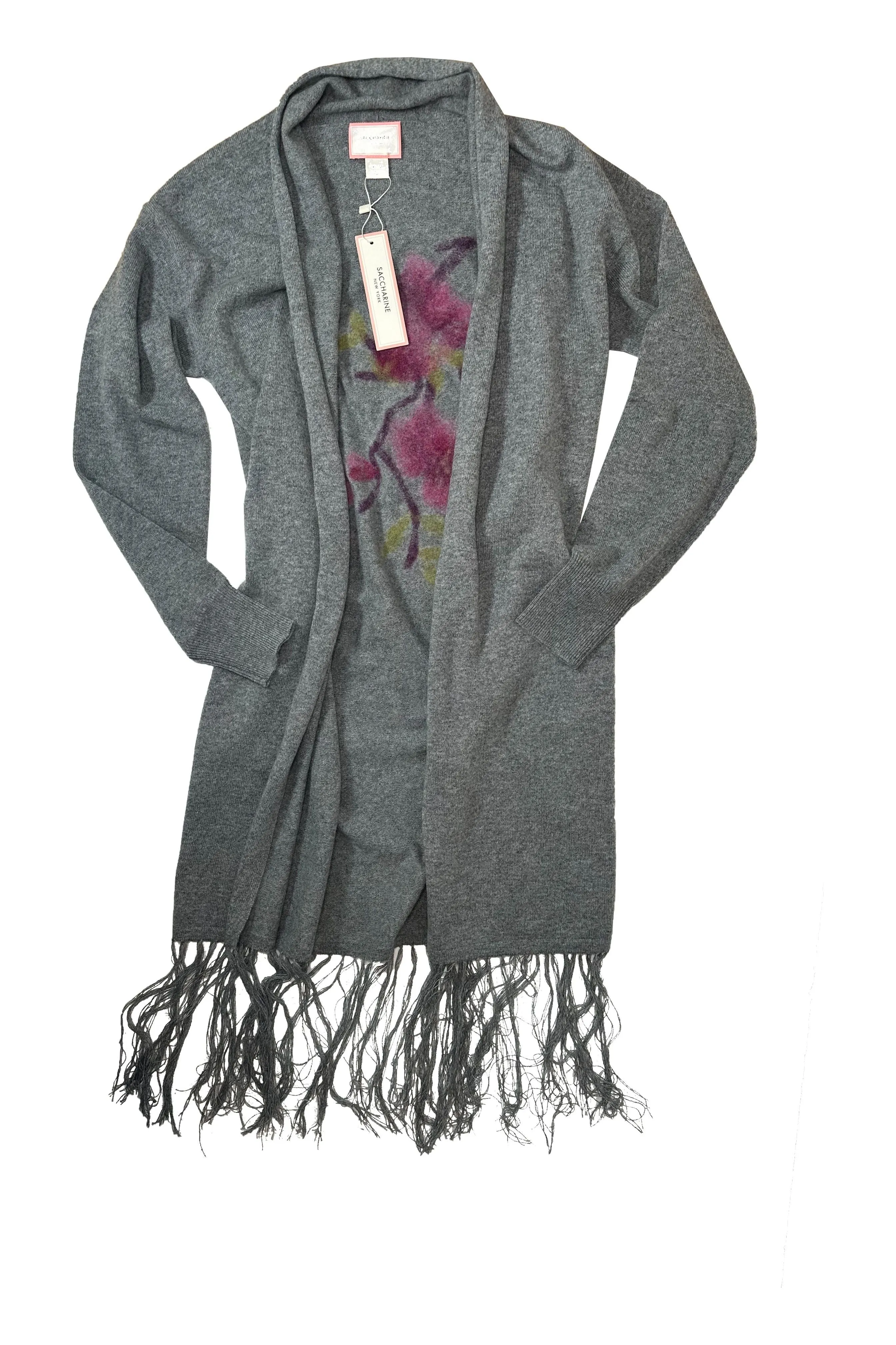 Saccharine New York 100% Cashmere Fringed Cardigan  SA22-116 / Bicolor Floral Motif / Flannel