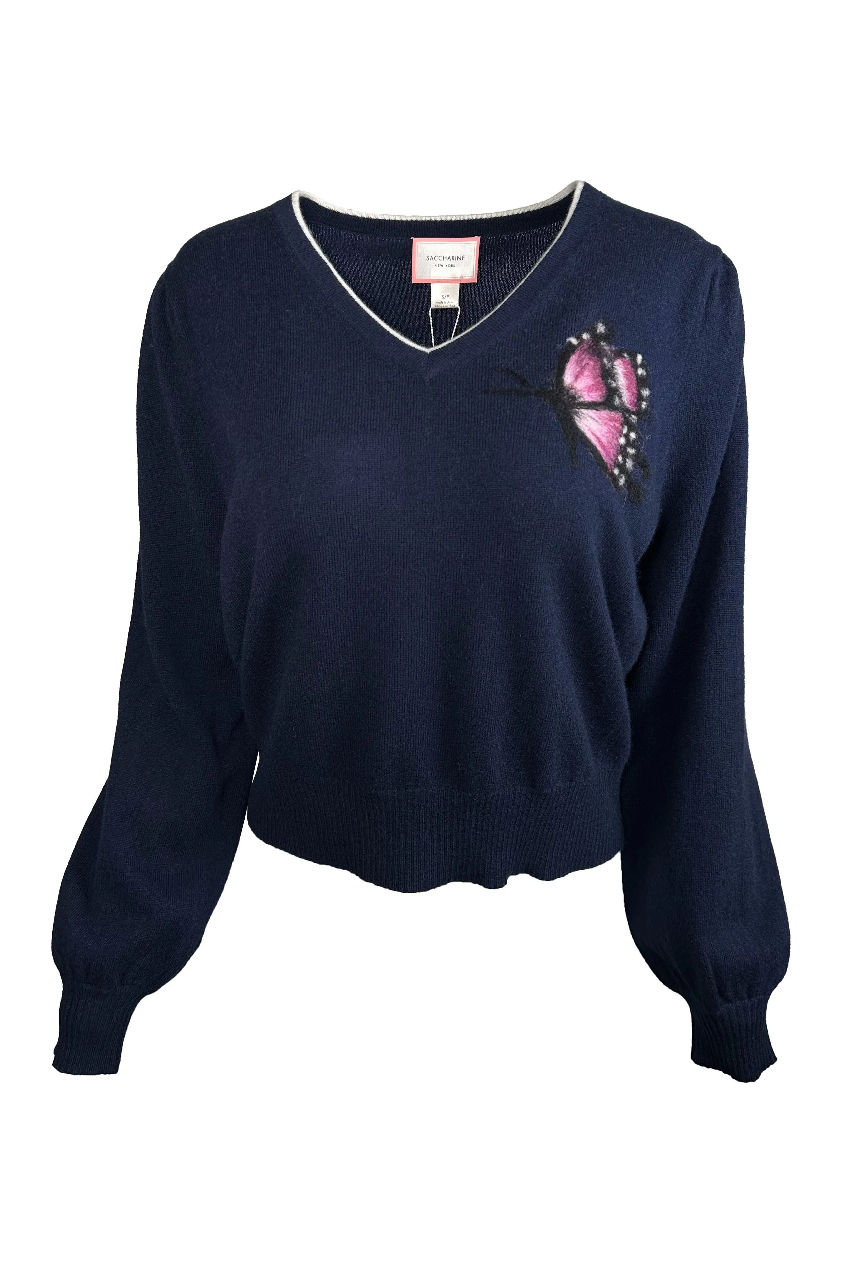 Saccharine New York 100% Cashmere V-Neck Pullover FW24-204 / White Trim Small Butterfly Motif / City Navy