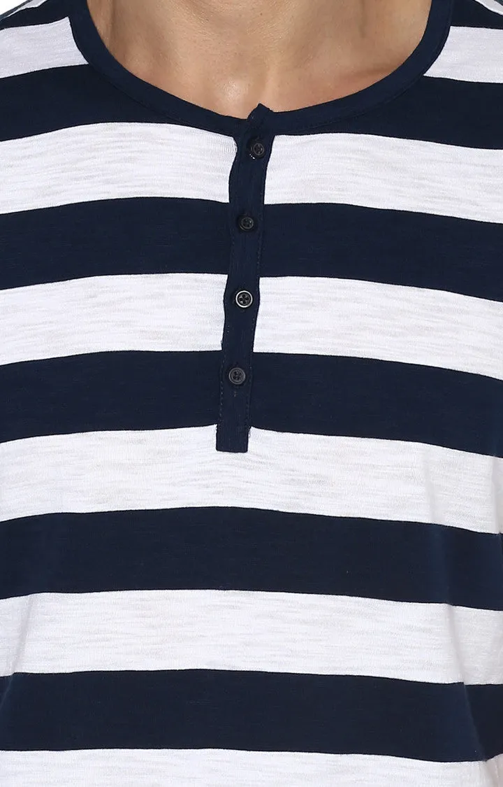 Spykar Navy Blue Striped Slim Fit Men T-Shirts