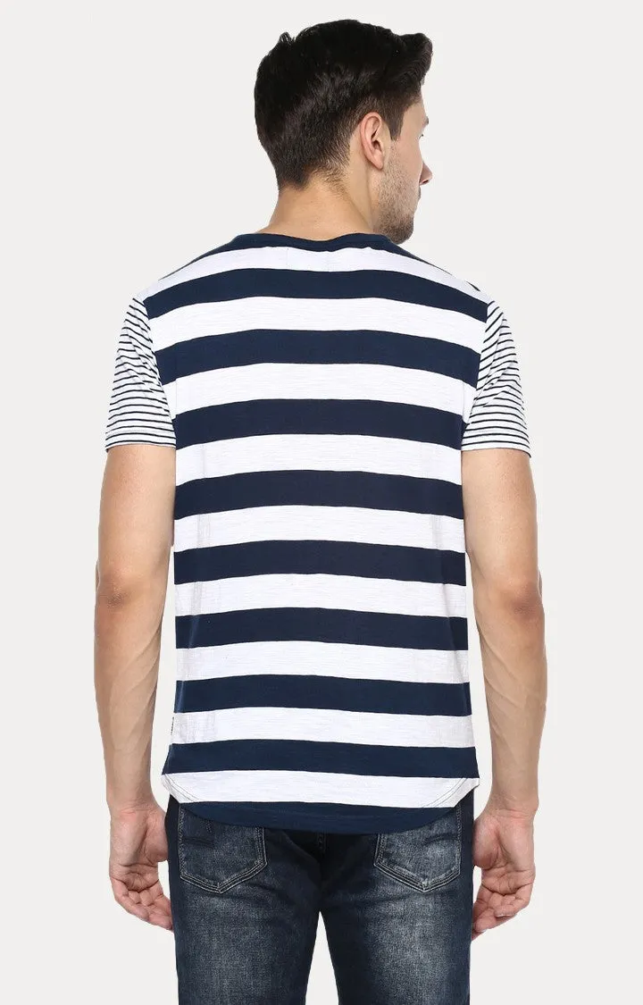 Spykar Navy Blue Striped Slim Fit Men T-Shirts