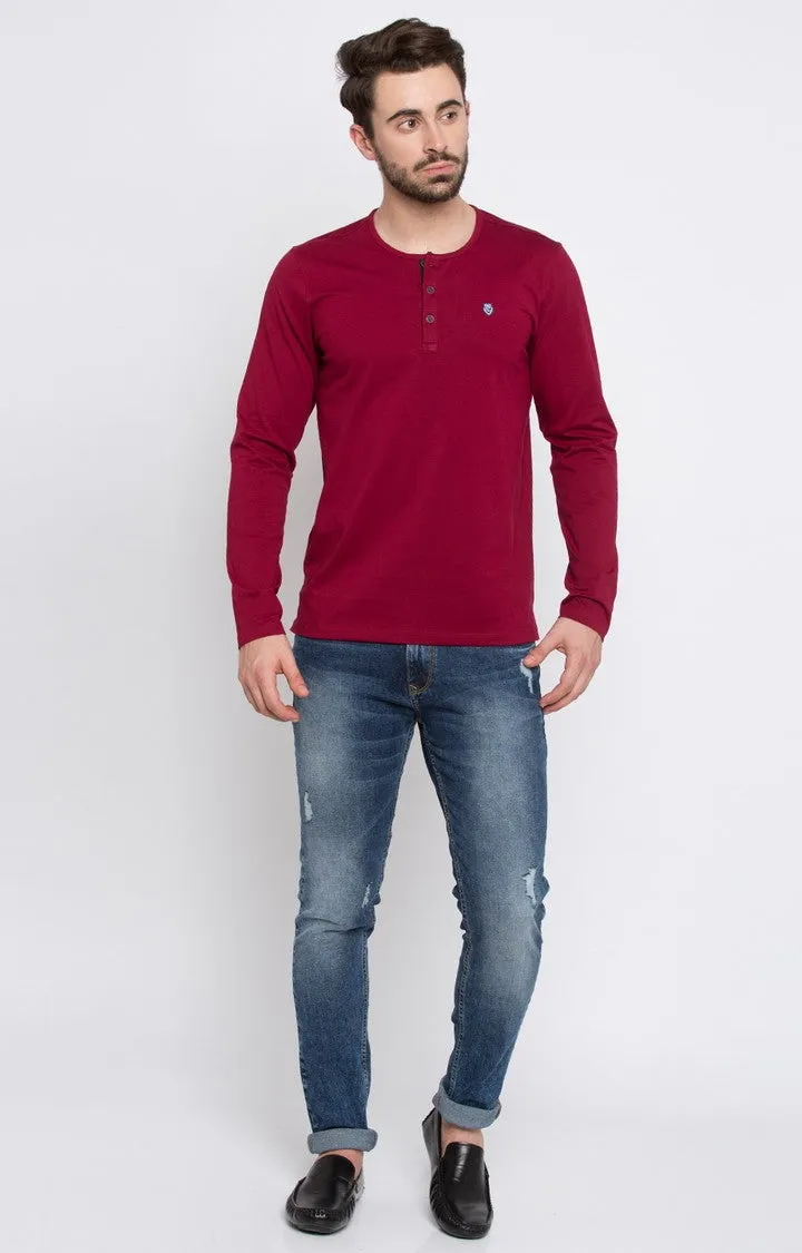 Spykar Wine Solid Slim Fit Men T-Shirts