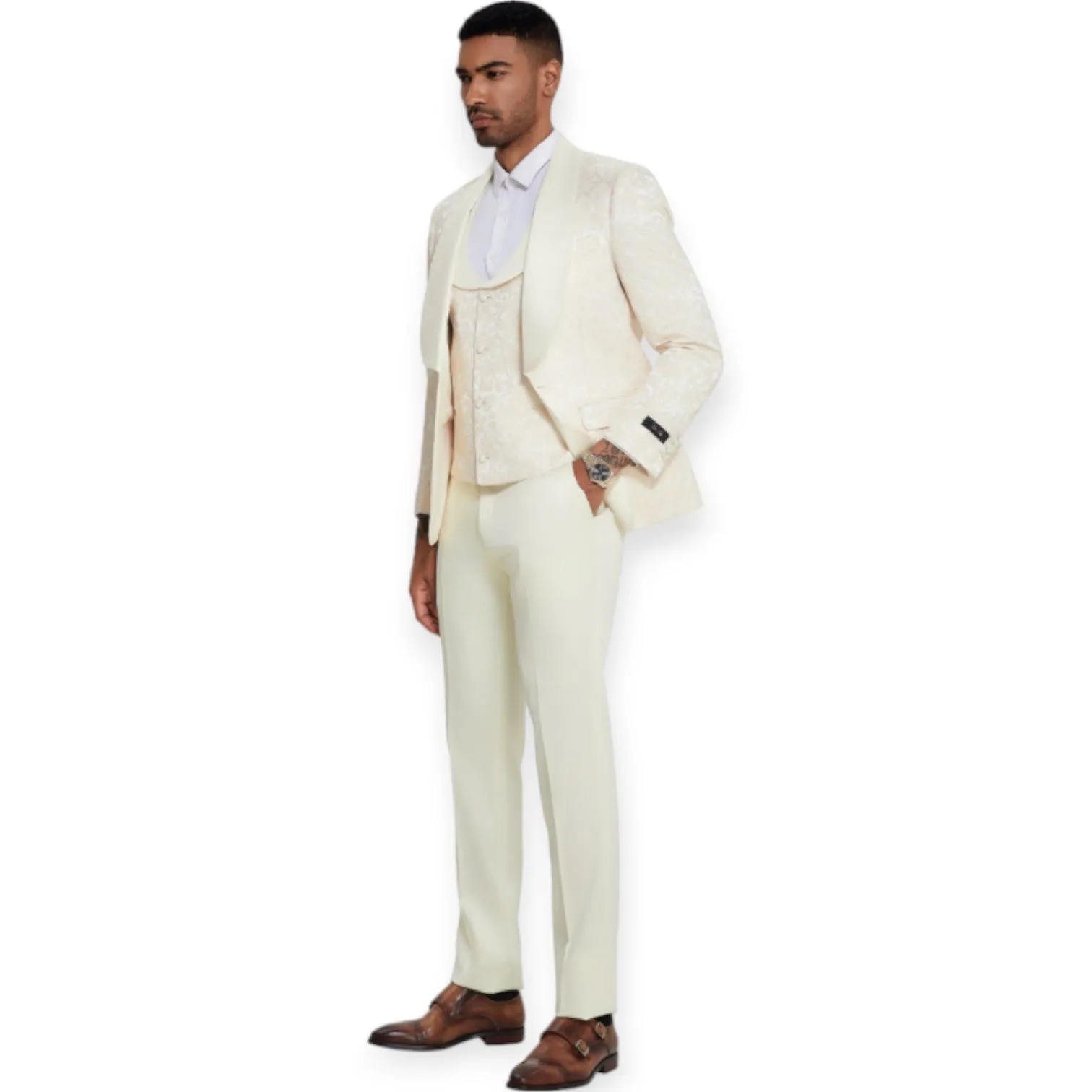 TAZZIO: Jacquard 3pc Skinny Fit Suit M408SK