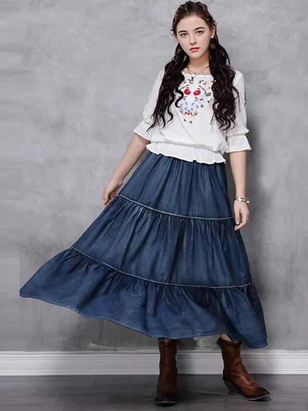 Vintage Splicing Pleated Jean Skirt