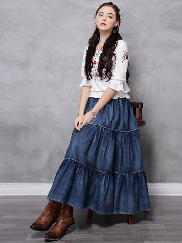 Vintage Splicing Pleated Jean Skirt