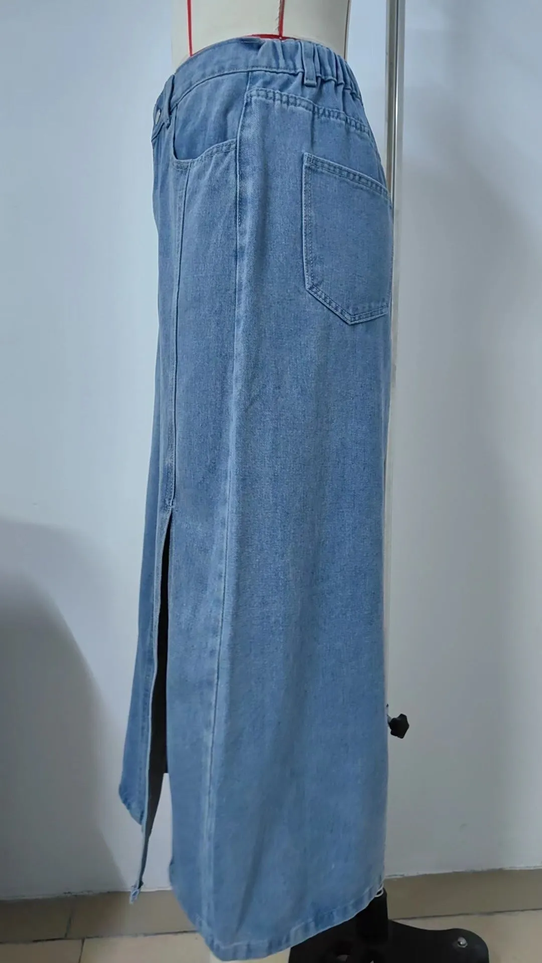 Washed Elastic High Waist Denim A-line Split Maxi Skirt