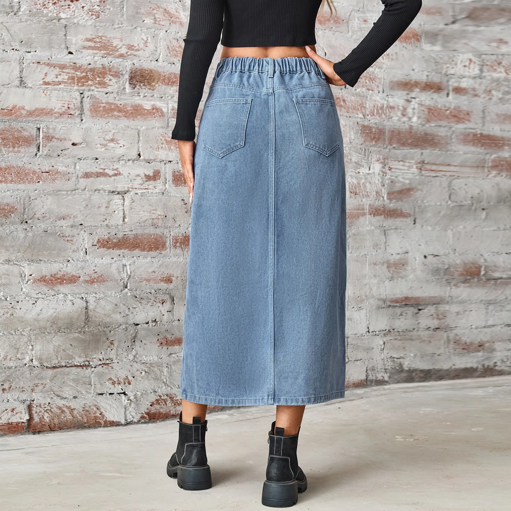 Washed Elastic High Waist Denim A-line Split Maxi Skirt