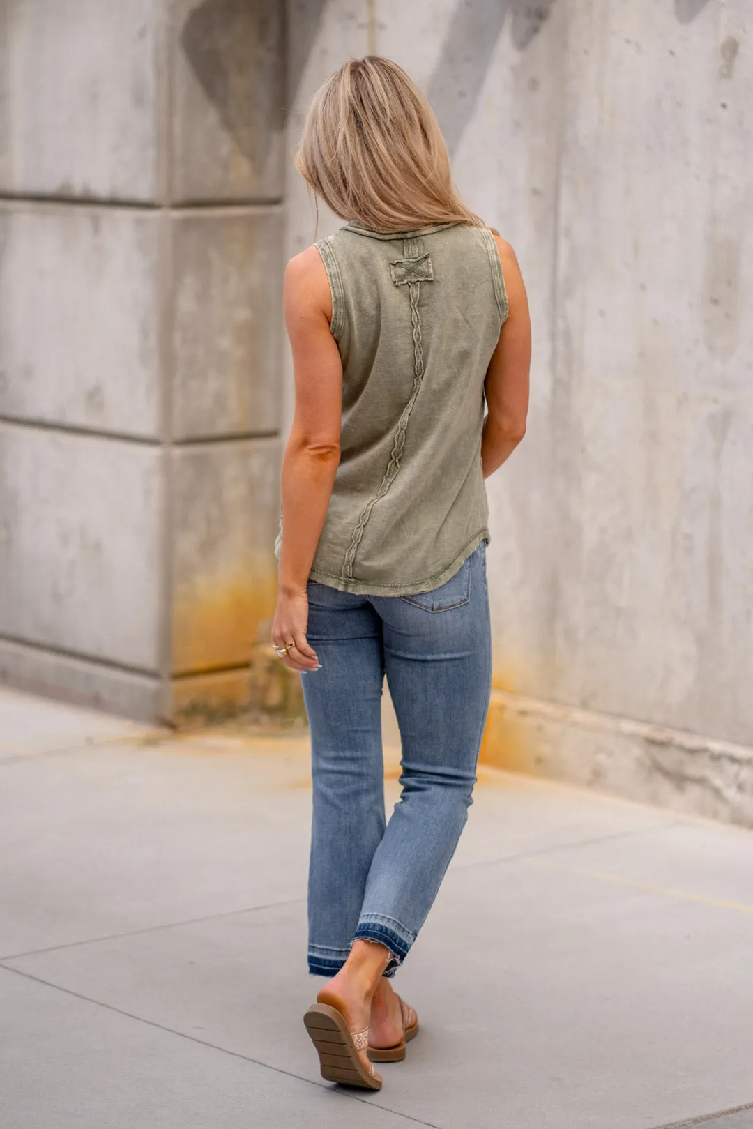 Washed Half-Button Raw Edge Sleeveless Henley Top